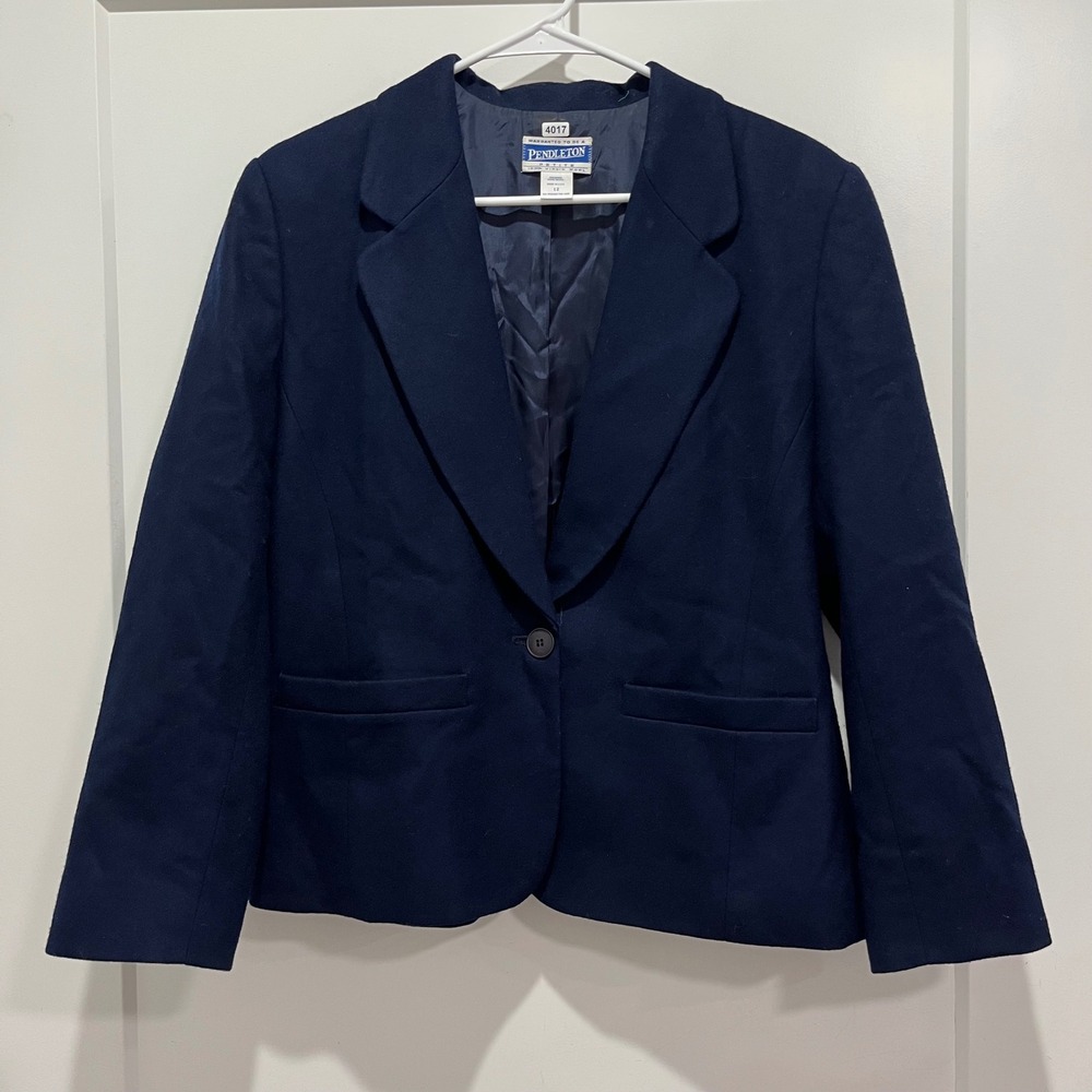 Pendleton Petite Navy Blue 100% Virgin Wool Single Button Blazer Jacket Size 12P
